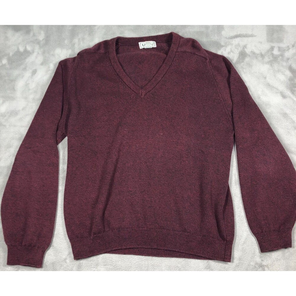 VINTAGE LL Bean Sweater Mens Medium Maroon Cotton V-Neck Made In Scotland